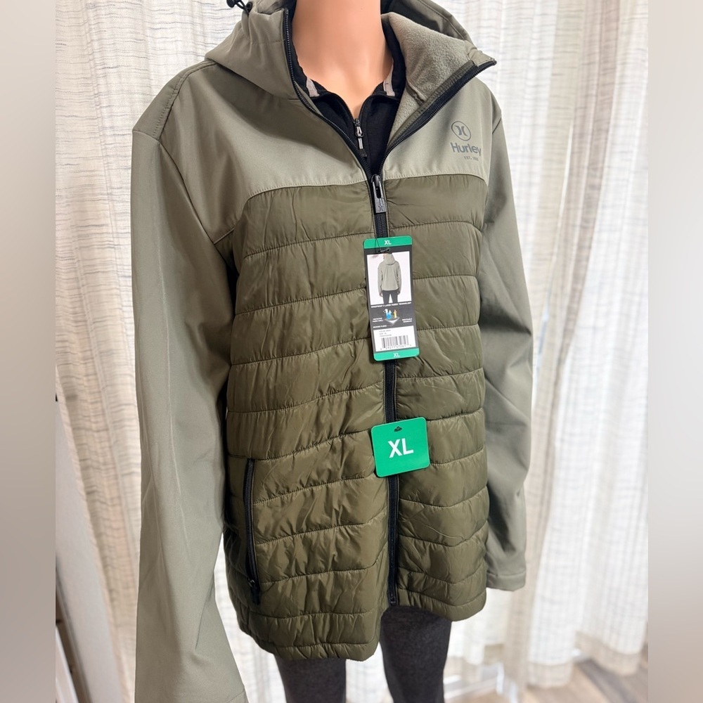 NWT Hurley Men's Jacket Army Green Windproof 3 Layer Tech. Full Zip Hooded Sz XL - Picture 4 of 7
